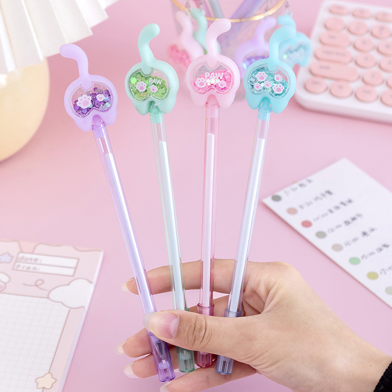 4 gabalu Lytwtw rakstāmpiederumi Kawaii gēla pildspalva skolas biroja piederumi, jauni radoši kaķa astes mirdzumi atpūtai, jauka gēla pildspalva