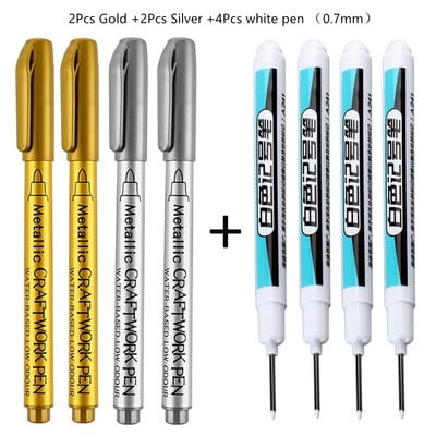 4–8 vnt. „Pasidaryk pats“ metaliniai vandeniui atsparūs nuolatiniai dažų žymekliai balto aukso sidabro teptukas, rankdarbiai, dervos formos rašiklis, tapybos reikmenys