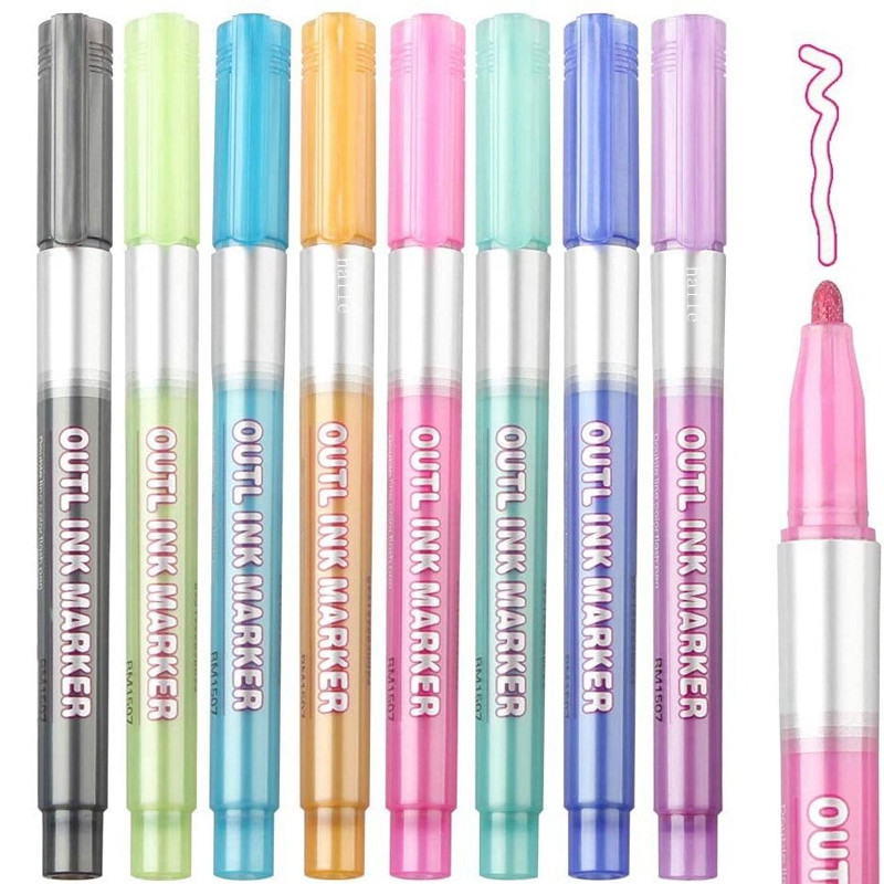 „Haile“ 8 spalvų kalėdinis rašiklio paryškinimo įtaisas Dviejų linijų kontūras „Art“ rašiklio žymeklis Rašikliai „Bullet Diary“ Plakatas kortelė „Pasidaryk pats“ Tapyba Rašymas