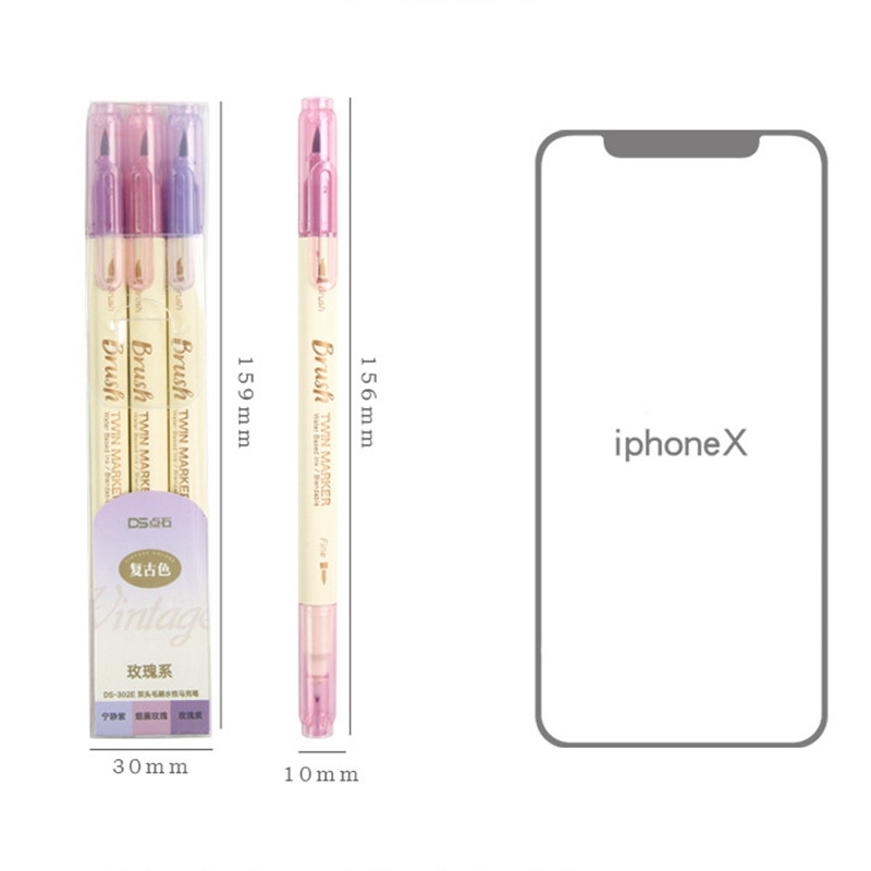 Set de stilouri cu pensule pentru caligrafie, 3 buc, culori retro