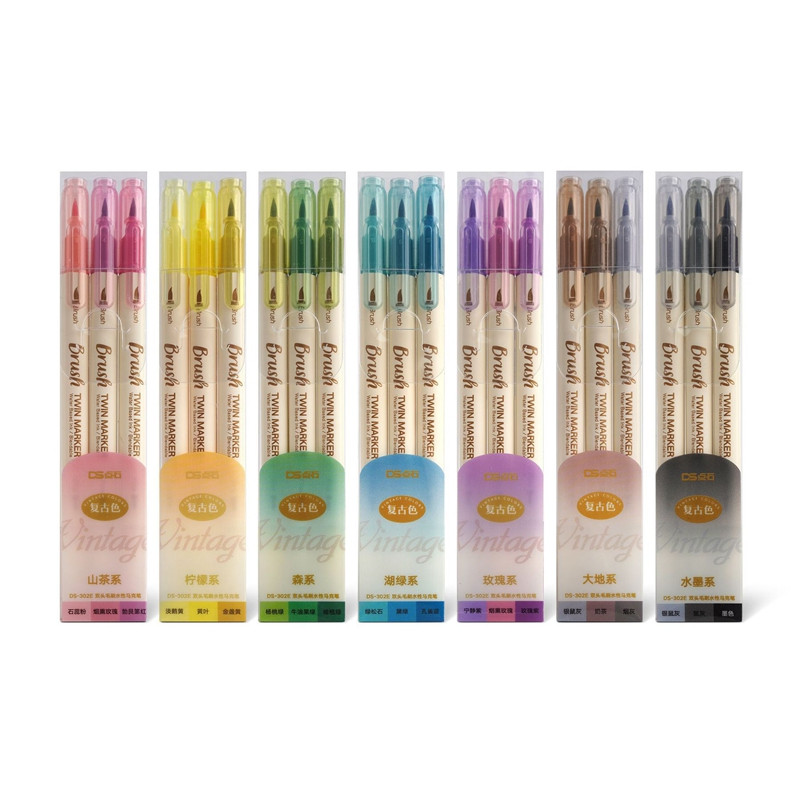 Set de stilouri cu pensule pentru caligrafie, 3 buc, culori retro