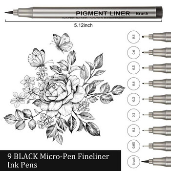 9Pcs/Set Profession Pigment Liner Micron Ink Art Marker Pen for Sketch Drawing Comics Micron Liner Brush Hook Line Pens Консумативи