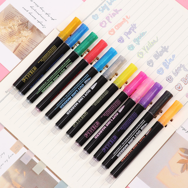 Divu līniju kontūra metāla marķieri Magic Shimmer Paint Paint Pildspalvas bērniem Pieaugušajiem Zīmēšanas Marķieris Pildspalva Māksla Glezniecības mācību piederumi