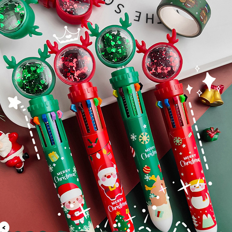 Vianočné 10-farebné guľôčkové pero Študentské farebné pero Santa Claus Press Guľôčkové pero 0,5 mm Školské písacie potreby