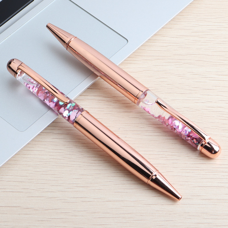 GENKKY Stilo din aur roz Kawaii Pixuri cu bile de cristal de lux pentru școală, birou, cu curgere, cristal, folie de aur, pixuri cadou din metal, scris 0,7 mm