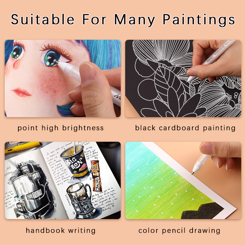 3 db 0,8 mm-es 1,0 mm-es 2,0 mm-es fehér tintás gél toll kiemelő jelölőtoll, finom hegy tanulói levélpapírokhoz, rajzművészethez, íráshoz iskolai kellékekhez