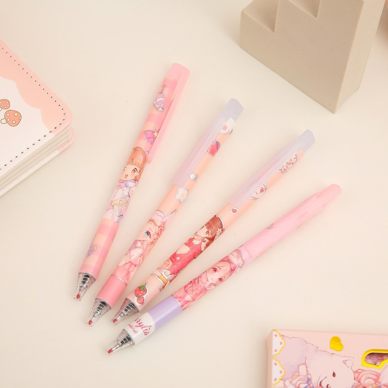 4kom Creative Cartoon Slatka press gel olovka Set Studentski pribor Crna olovka Super slatka kawaii djevojka Srce Crna olovka s potpisom