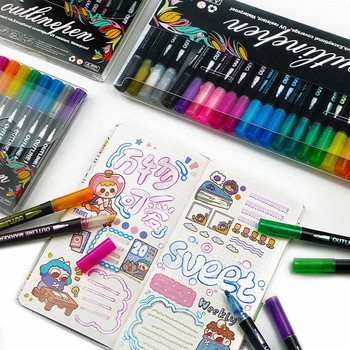 8/12/24 Цвят Двойна линия Контур Art Marker Pen Glitter Sparkle Highlighter Направи си сам Scrapbook Дневник Плакат Карти Рисуване Рисуване