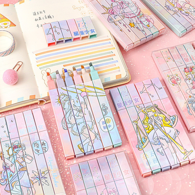 6 vienetų Lytwtw mielas Kawaii dvylikos mergaičių žvaigždynų paryškinimo įtaisas mokyklinių reikmenų dovana