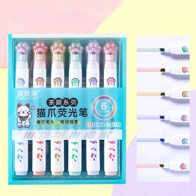 6gab Kawaii Cat Claw marķieri ar dubultu galvu 12 krāsu dienasgaismas mākslas marķieri korejiešu kancelejas piederumi, jauki skolas biroja piederumi