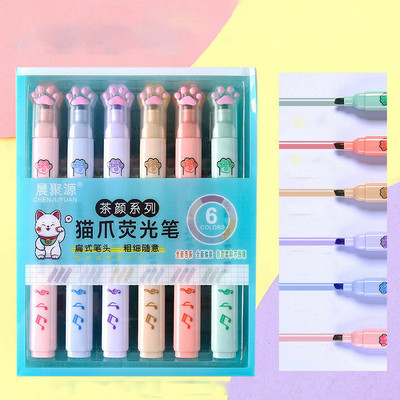 6gab Kawaii Cat Claw marķieri ar dubultu galvu 12 krāsu dienasgaismas mākslas marķieri korejiešu kancelejas piederumi, jauki skolas biroja piederumi