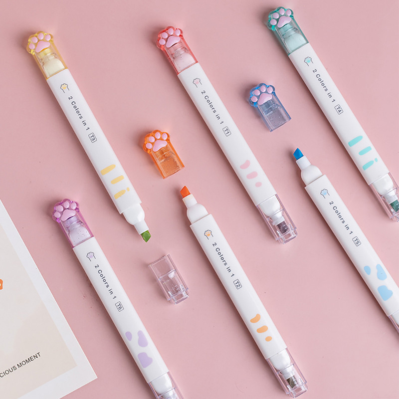 6 vnt Kawaii Cat Claw paryškintuvai su dviguba galvute 12 spalvų fluorescenciniai meno žymekliai Korėjos raštinės reikmenys Mieli mokykliniai biuro reikmenys