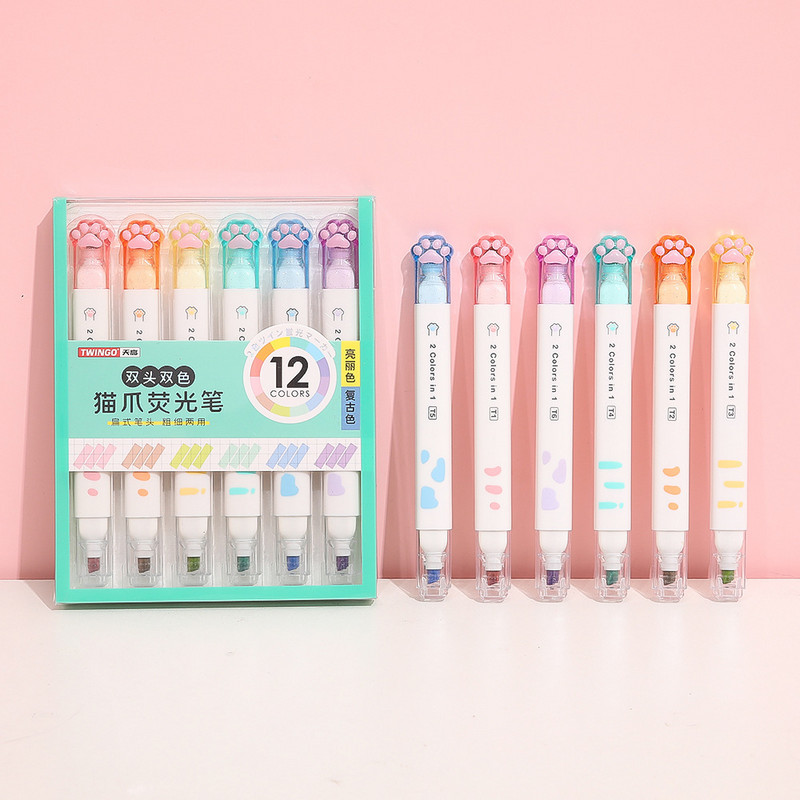 6 vnt Kawaii Cat Claw paryškintuvai su dviguba galvute 12 spalvų fluorescenciniai meno žymekliai Korėjos raštinės reikmenys Mieli mokykliniai biuro reikmenys