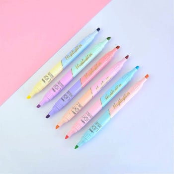 6 PCS Химикалки за маркиране с двоен връх Kawaii Candy Color Manga Маркери DIY Journal Пастелни хайлайтери Комплект корейски канцеларски материали