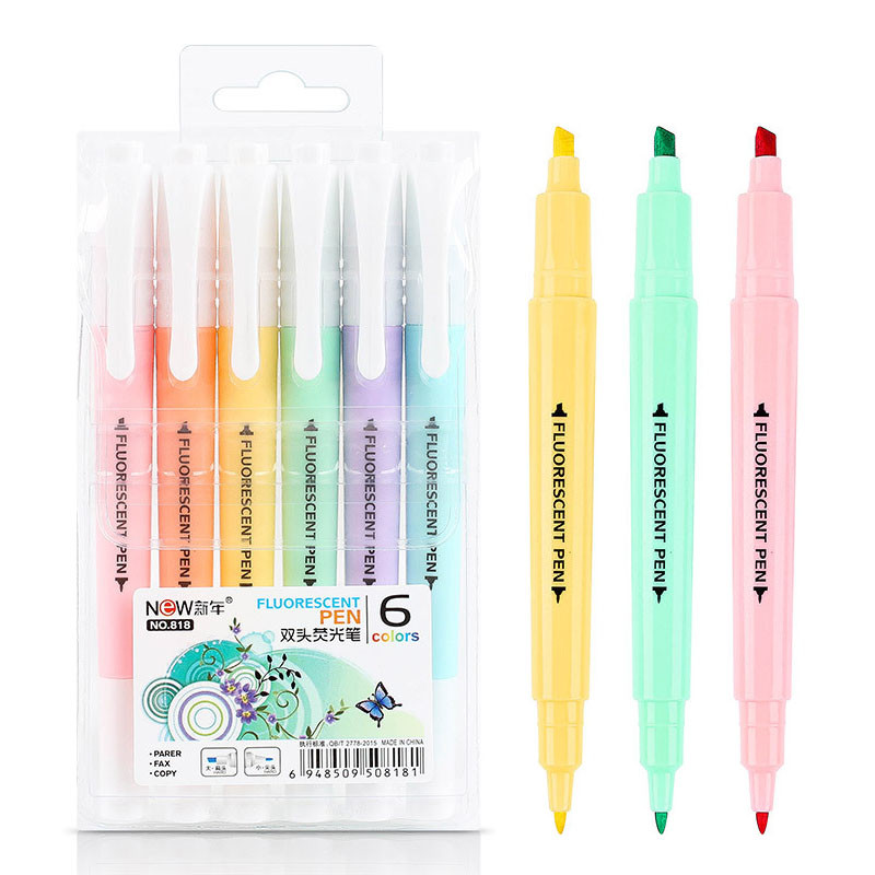 6 vnt / rinkinys Dvigubos galvutės fluorescencinis paryškinimo rašiklio žymekliai Pastelinis piešimo rašiklis, skirtas studentų mokyklos reikmenims, mielos raštinės reikmenys