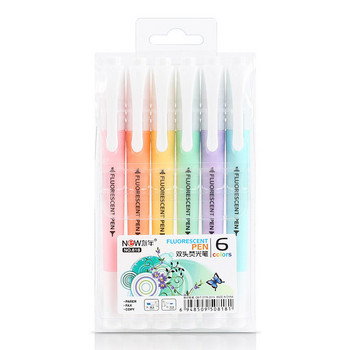 Комплект химикалки за хайлайтъри с 6 различни цвята, двустранен дебел и тънък връх за домашен офис на ученик