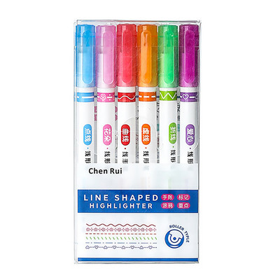 6 krāsu smieklīgi dubultlīniju raksta kontūru marķiera pildspalva Daudzkrāsains rullīšu uzgalis izliekta pildspalva, sausa krāsošana Kawaii marķiera pildspalvas