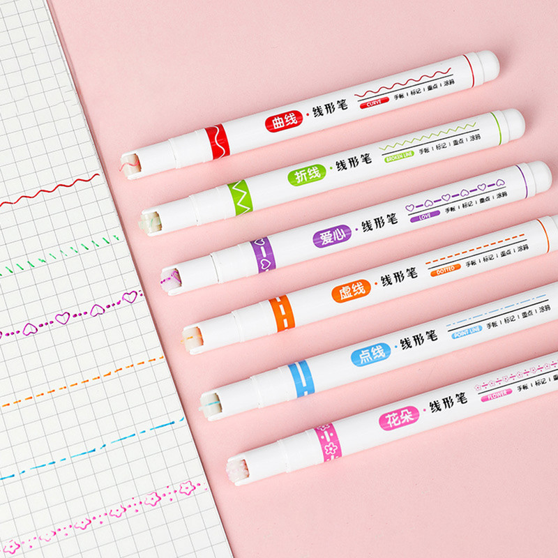 6 krāsu smieklīgi dubultlīniju raksta kontūru marķiera pildspalva Daudzkrāsains rullīšu uzgalis izliekta pildspalva, sausa krāsošana Kawaii marķiera pildspalvas
