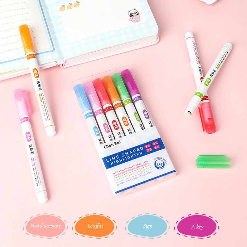 6 krāsu smieklīgi dubultlīniju raksta kontūru marķiera pildspalva Daudzkrāsains rullīšu uzgalis izliekta pildspalva, sausa krāsošana Kawaii marķiera pildspalvas