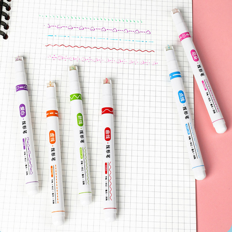 6 krāsu smieklīgi dubultlīniju raksta kontūru marķiera pildspalva Daudzkrāsains rullīšu uzgalis izliekta pildspalva, sausa krāsošana Kawaii marķiera pildspalvas