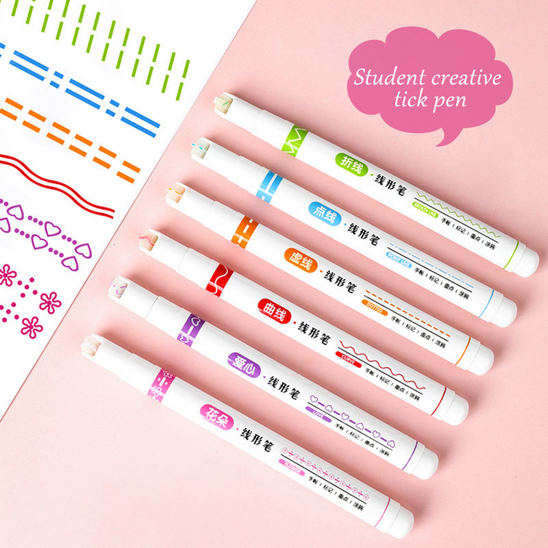6 krāsu smieklīgi dubultlīniju raksta kontūru marķiera pildspalva Daudzkrāsains rullīšu uzgalis izliekta pildspalva, sausa krāsošana Kawaii marķiera pildspalvas