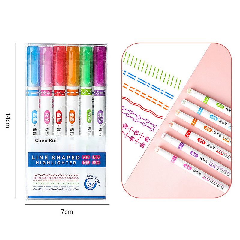 6 krāsu smieklīgi dubultlīniju raksta kontūru marķiera pildspalva Daudzkrāsains rullīšu uzgalis izliekta pildspalva, sausa krāsošana Kawaii marķiera pildspalvas