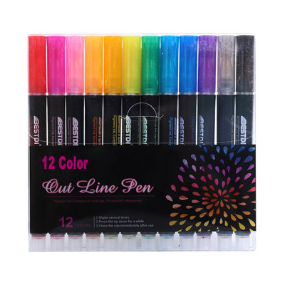 12-värviline kahejooneline piirjoonte markerpliiats DIY grafiti esiletõstja väljalõigete albumi jaoks päeviku plakatkaardi vigurmaal, joonistus