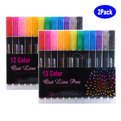 12-värviline kahejooneline piirjoonte markerpliiats DIY grafiti esiletõstja väljalõigete albumi jaoks päeviku plakatkaardi vigurmaal, joonistus