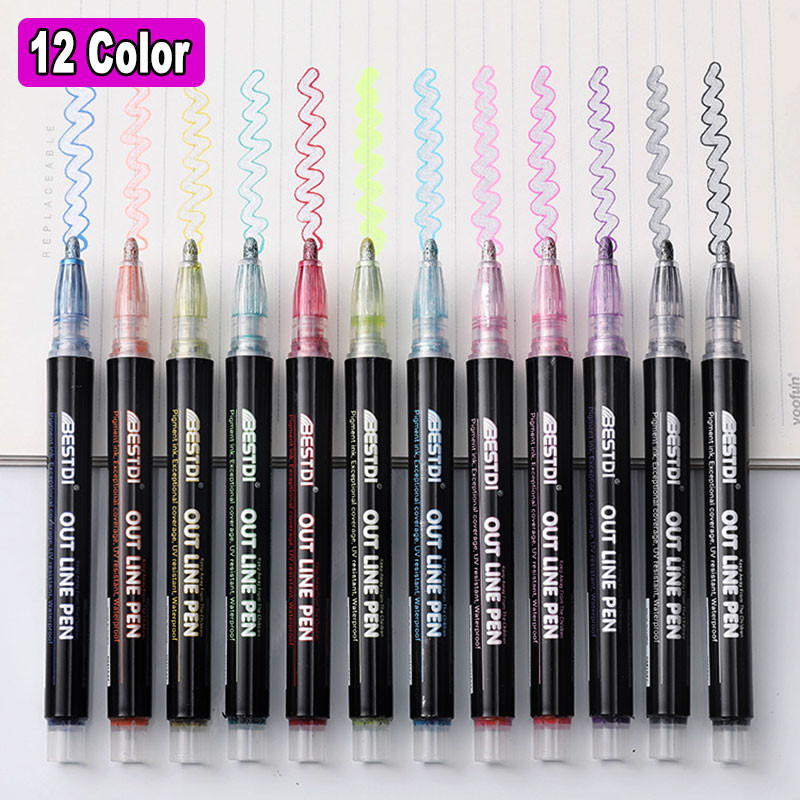 12-värviline kahejooneline piirjoonte markerpliiats DIY grafiti esiletõstja väljalõigete albumi jaoks päeviku plakatkaardi vigurmaal, joonistus