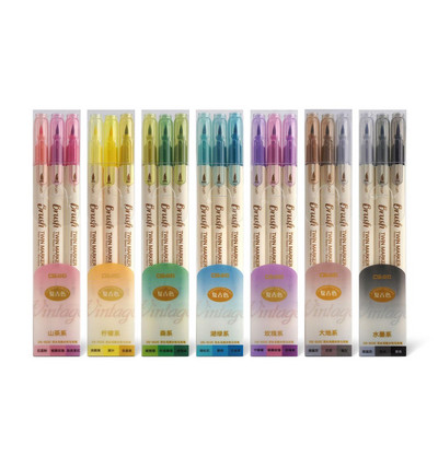 Set de 3 pixuri de marcare cu pensulă de culoare retro, căptușeală fină cu două fețe, cerneală pe bază de apă, care se poate amesteca, vopsea artistică în acuarelă, școala de desen F133