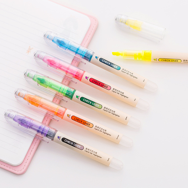 Novi dizajn velikog kapaciteta Ravni tekući highlighter Jasne i svijetle boje žuto oransko zeleno plavo ljubičasto ružičasto 6 boja na izbor