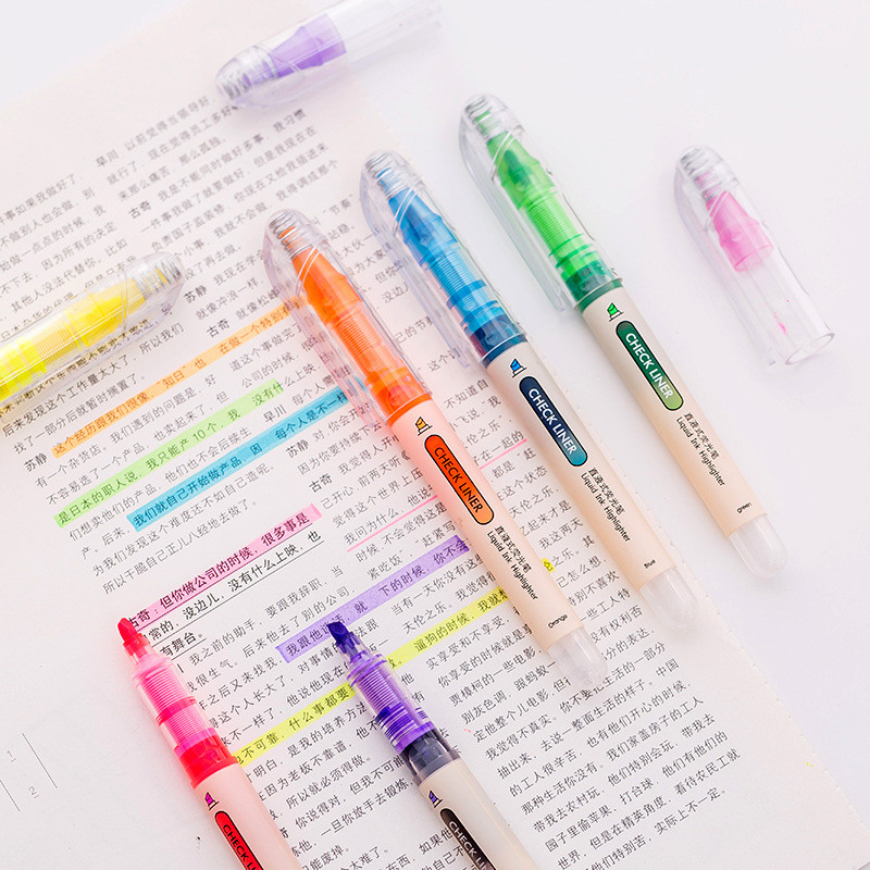 Novi dizajn velikog kapaciteta Ravni tekući highlighter Jasne i svijetle boje žuto oransko zeleno plavo ljubičasto ružičasto 6 boja na izbor