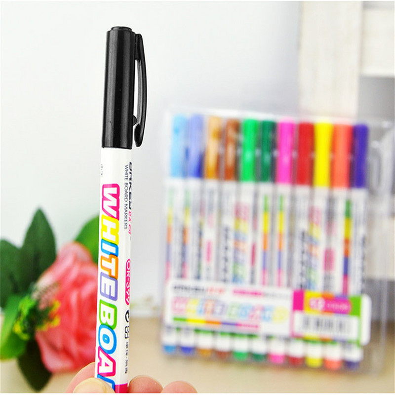 12 tk/karp Segavärvilised valged tahvlipliiatsid Heledad markerid Peene otsaga kuiv valge tahvli markerid Laste joonistuspliiats Lihtne pühkida