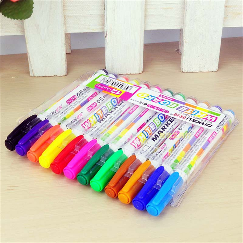 12 tk/karp Segavärvilised valged tahvlipliiatsid Heledad markerid Peene otsaga kuiv valge tahvli markerid Laste joonistuspliiats Lihtne pühkida