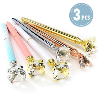 3Pcs Big Crystal Diamond Bling Metalne kemijske olovke Uredski darovi za učenike 1,0 mm Valjak za punjenje Kemijska olovka za pisanje