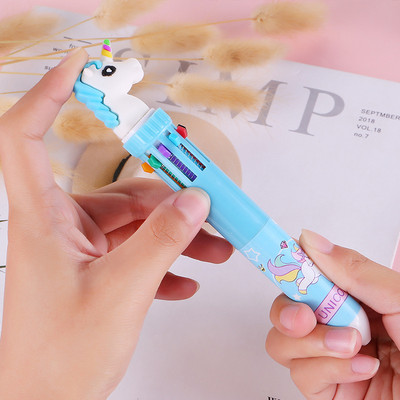 10 krāsu 1 krāsu lodīšu pildspalva, multfilma studentu Scrapbooking pildspalva Unicorn daudzkrāsu preses lodīšu pildspalva Korejas kancelejas piederumi