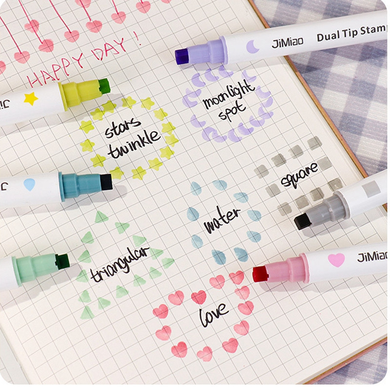 6-farebná pečiatka s hviezdičkami/srdcami/mesiacmi/kvapkami/štvorcovými motívmi, obojstranná umelecká fixka, zvýrazňovač, pero na scrapbooking, denník, plagát, vianočná pohľadnica