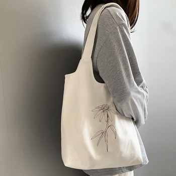 Ulzzang Plant Print Καμβά τσάντα ώμου Γυναικείες τσάντες Kpop Shopper Γυναικείες τσάντες Πτυσσόμενες οικολογικές μεγάλες τσάντες αγορών