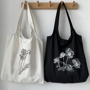 Ulzzang Plant Print Καμβά τσάντα ώμου Γυναικείες τσάντες Kpop Shopper Γυναικείες τσάντες Πτυσσόμενες οικολογικές μεγάλες τσάντες αγορών