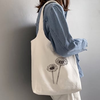 Ulzzang Plant Print Καμβά τσάντα ώμου Γυναικείες τσάντες Kpop Shopper Γυναικείες τσάντες Πτυσσόμενες οικολογικές μεγάλες τσάντες αγορών