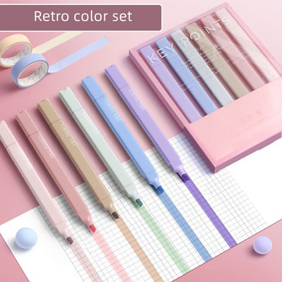 Set de 6 pixuri de evidențiere cu punct cheie de culoare ușoară Perie cu două capete îndrăznețe Liner pentru puncte fine Marker Desen Office School F7117