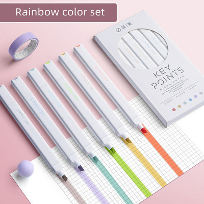 Set de 6 pixuri de evidențiere cu punct cheie de culoare ușoară Perie cu două capete îndrăznețe Liner pentru puncte fine Marker Desen Office School F7117