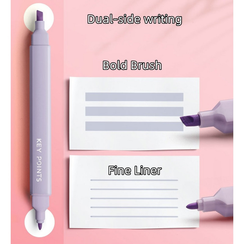 Set de 6 pixuri de evidențiere cu punct cheie de culoare ușoară Perie cu două capete îndrăznețe Liner pentru puncte fine Marker Desen Office School F7117