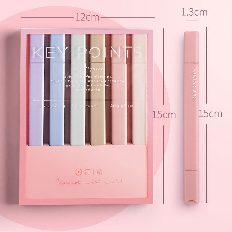 Set de 6 pixuri de evidențiere cu punct cheie de culoare ușoară Perie cu două capete îndrăznețe Liner pentru puncte fine Marker Desen Office School F7117