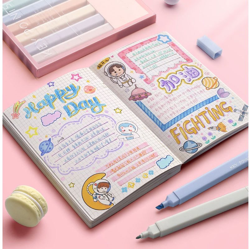 Set de 6 pixuri de evidențiere cu punct cheie de culoare ușoară Perie cu două capete îndrăznețe Liner pentru puncte fine Marker Desen Office School F7117