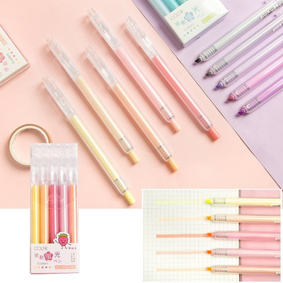 5gab Fluorescējošais marķieris Pildspalva Preses tips Klipa uzgalis Maigas krāsas plankumains papīra fakss Biroja piederumi Skolas piederumi F501