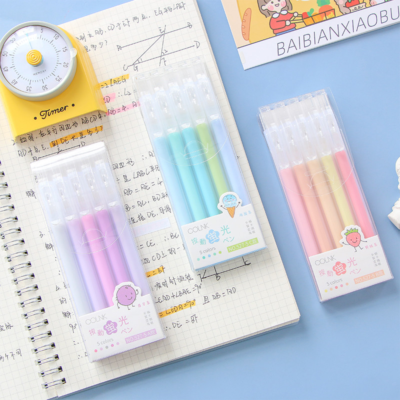 5gab Fluorescējošais marķieris Pildspalva Preses tips Klipa uzgalis Maigas krāsas plankumains papīra fakss Biroja piederumi Skolas piederumi F501