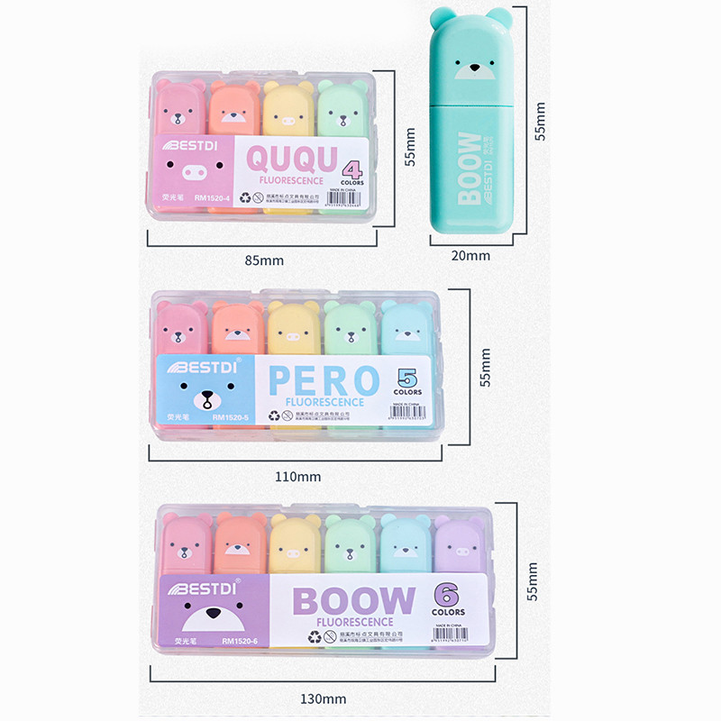 Kawaii Mini Animal School Highlighter Marker Pen 4/5/6 Spalvos / rinkinys Piešimo tušinukai Mokykliniai ir biuro meno raštinės reikmenys