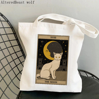 Geantă pentru cumpărături pentru femei, pisică, luna, geantă Kawaii cu imprimeu Tarot, Harajuku, pentru cumpărături, geantă pentru cumpărături din pânză, geantă de mână pentru fată, geantă de umăr