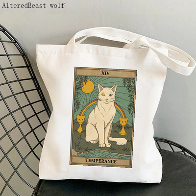 Sieviešu pircēja soma kaķis Mēness Tarot apdrukāta Kawaii soma Harajuku iepirkšanās audekls Shopper Bag meitenes rokassomiņa Tote plecu sieviešu soma
